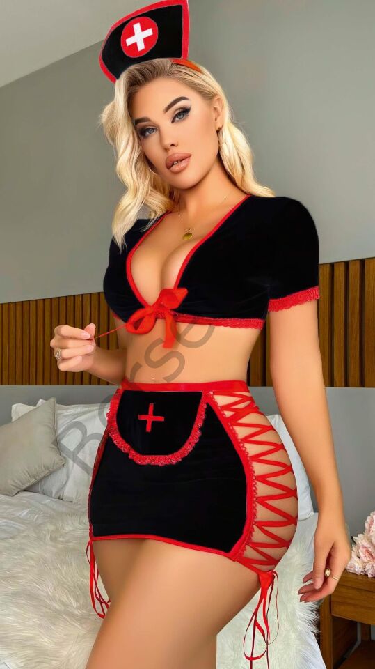Siyah Kenarları İp Detaylı Fantezi Hemşire Kostüm