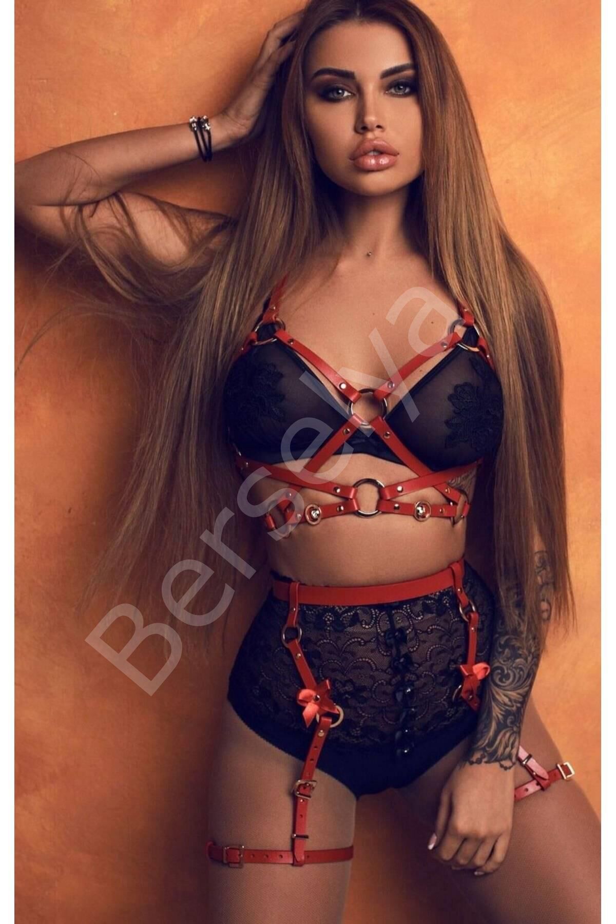 Kırmızı Tam Takım Deri Sexi Fantezi Kostüm 700794