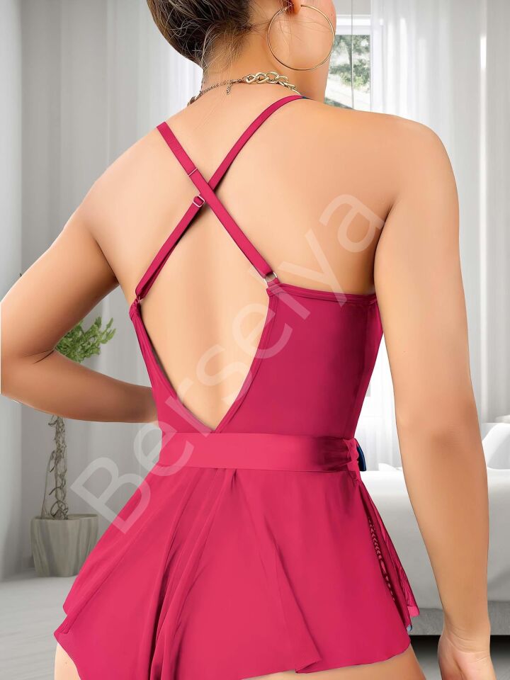 Fuşya Dantel İşlemeli Kurdelalı Fantezi Tül Babydoll