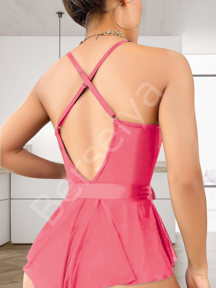 Gül Kurusu Dantel İşlemeli Kurdelalı Fantezi Tül Babydoll