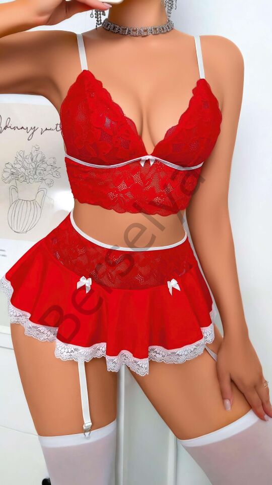 Kırmızı Dantel İşlemeli Büstiyerli Etekli Fantezi Kostüm