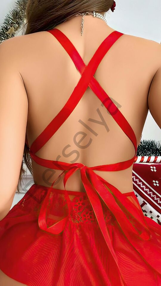 Kırmızı Dantel İşlemeli Etekli Sütyen Fantezi Takım