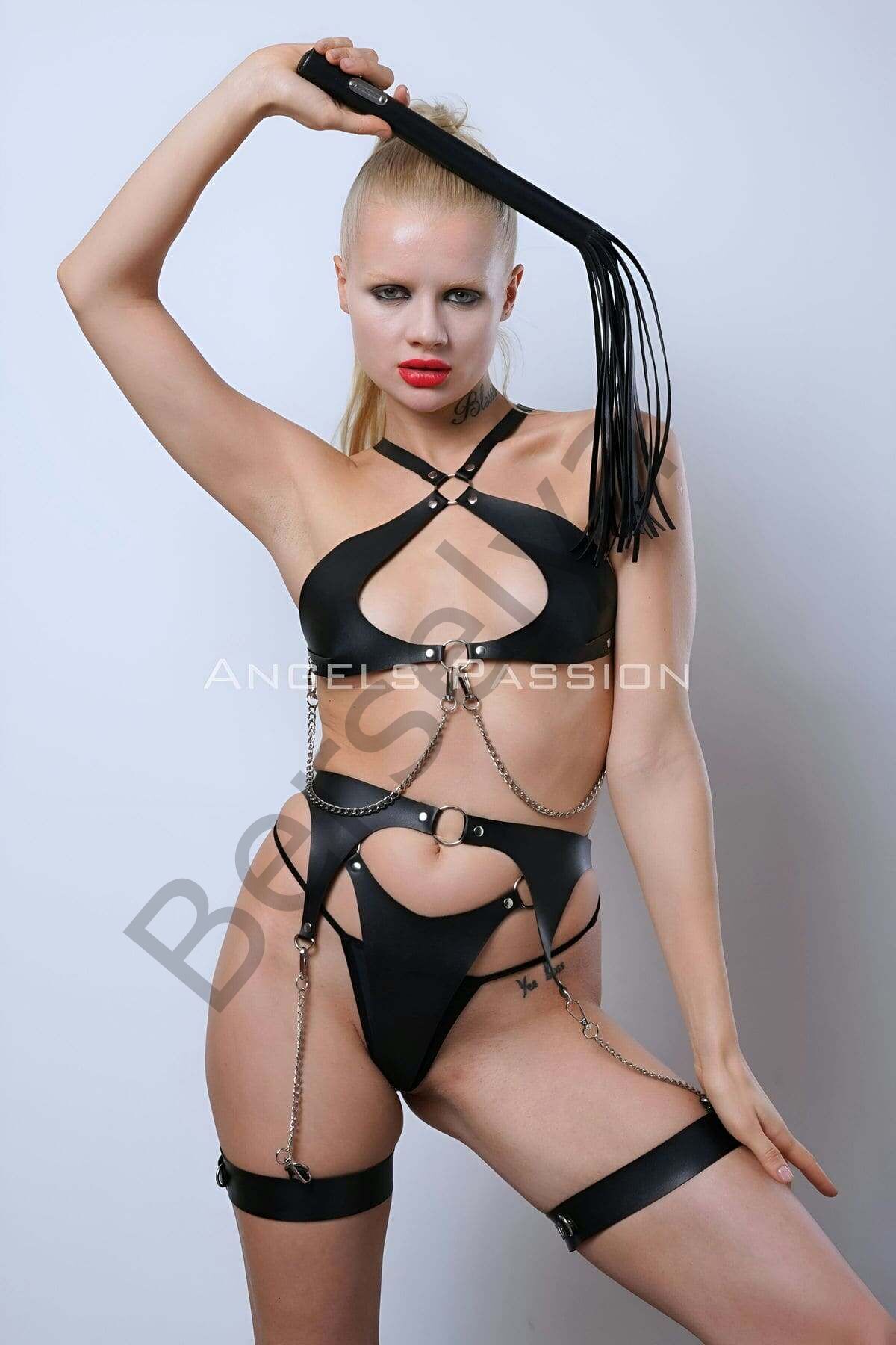 Deri Jartiyer Harness Takım, Deri Sütyen Takım, Kırbaçlı Deri Fantezi Giyim - Brf1363