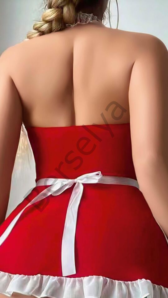 Kırmızı Beyaz Dantel İşlemeli Kalp Detaylı Fantezi Fransız Hizmetçi Kostümü