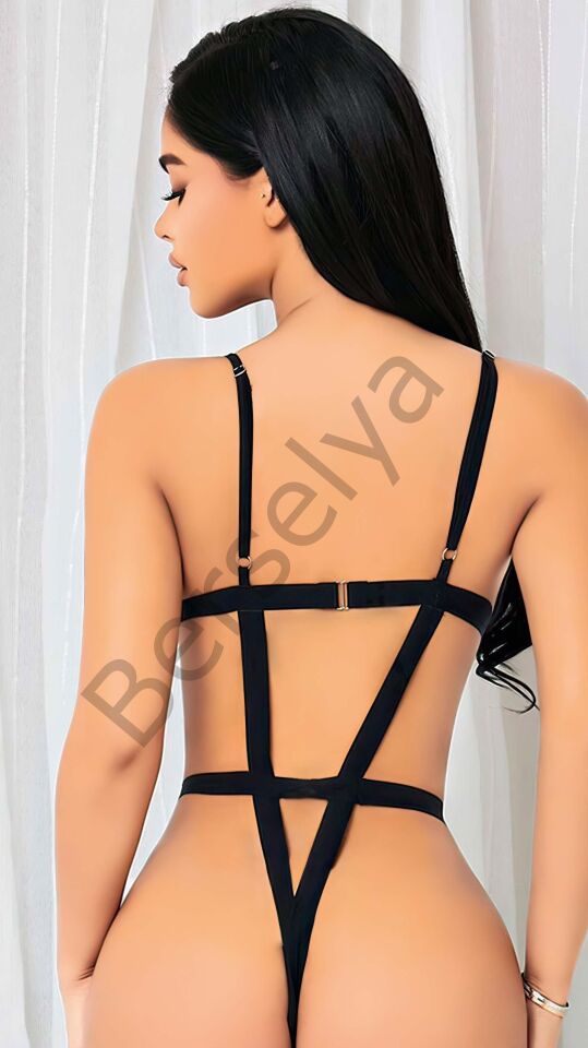 Siyah İp Detaylı Tül Fantezi Body