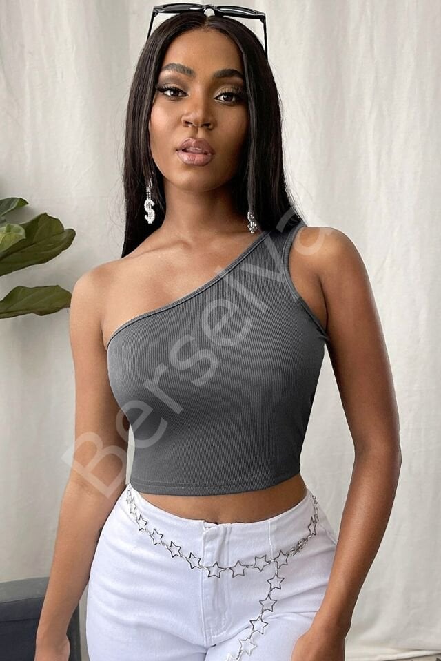 Kadın Koyu Gri Tek Omuz Crop Büstiyer