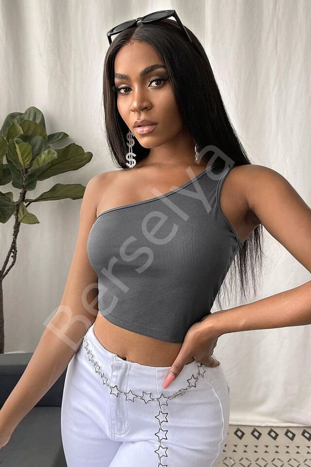 Kadın Koyu Gri Tek Omuz Crop Büstiyer