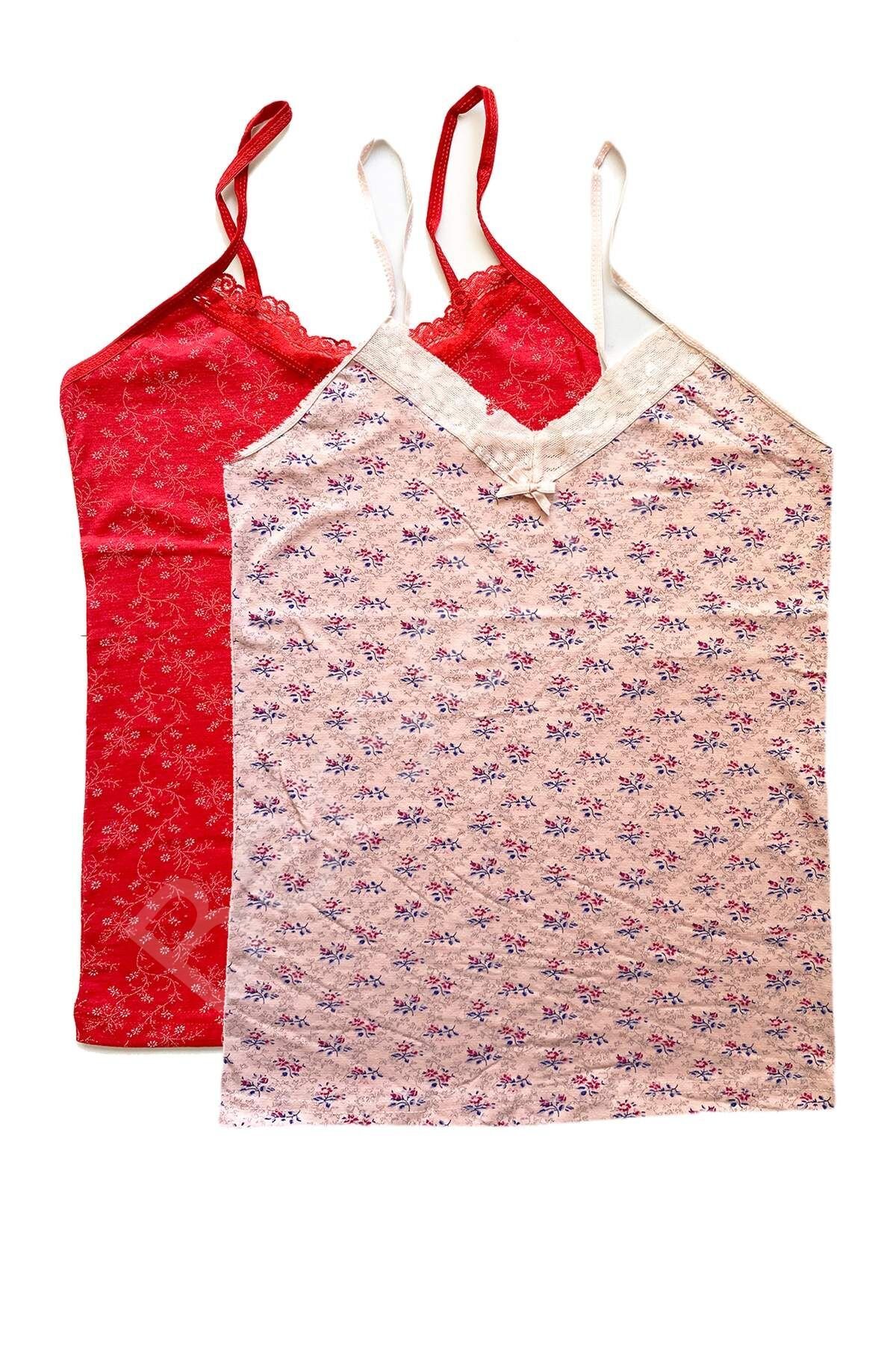 2 Adet Kadın Askılı Desenli Atlet Dantelli Empirme Pamuklu Penye D9-10