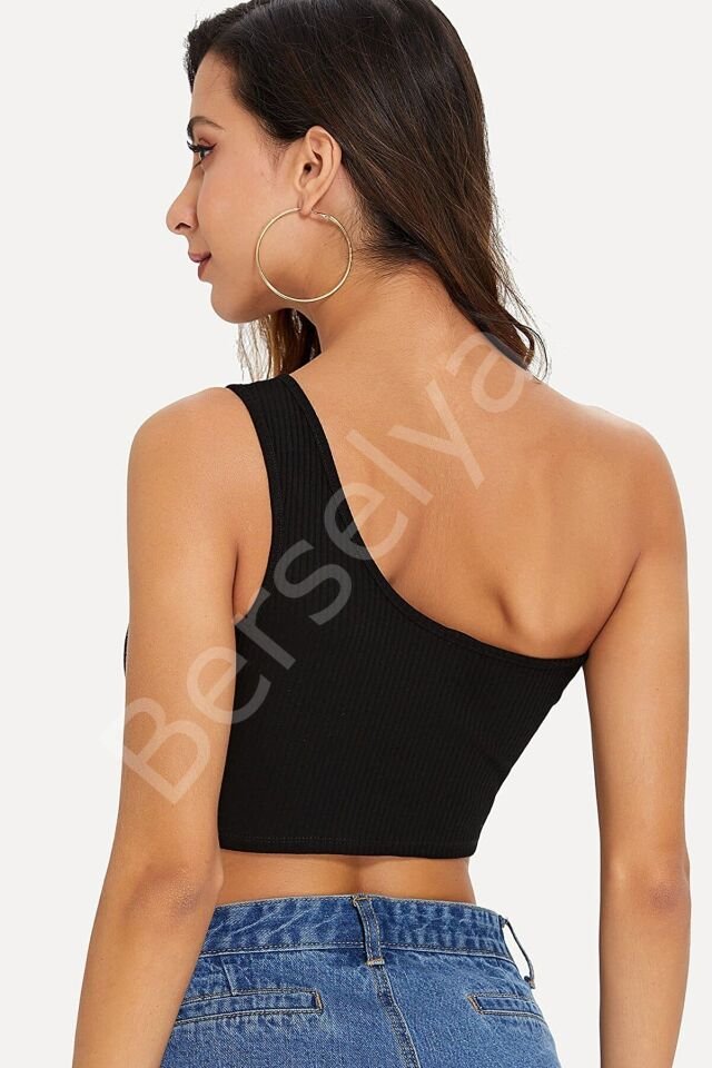 Kadın Siyah Tek Omuz Crop Büstiyer