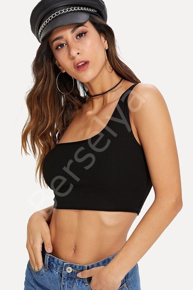 Kadın Siyah Tek Omuz Crop Büstiyer