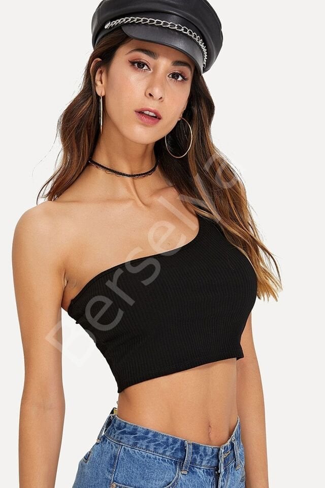 Kadın Siyah Tek Omuz Crop Büstiyer