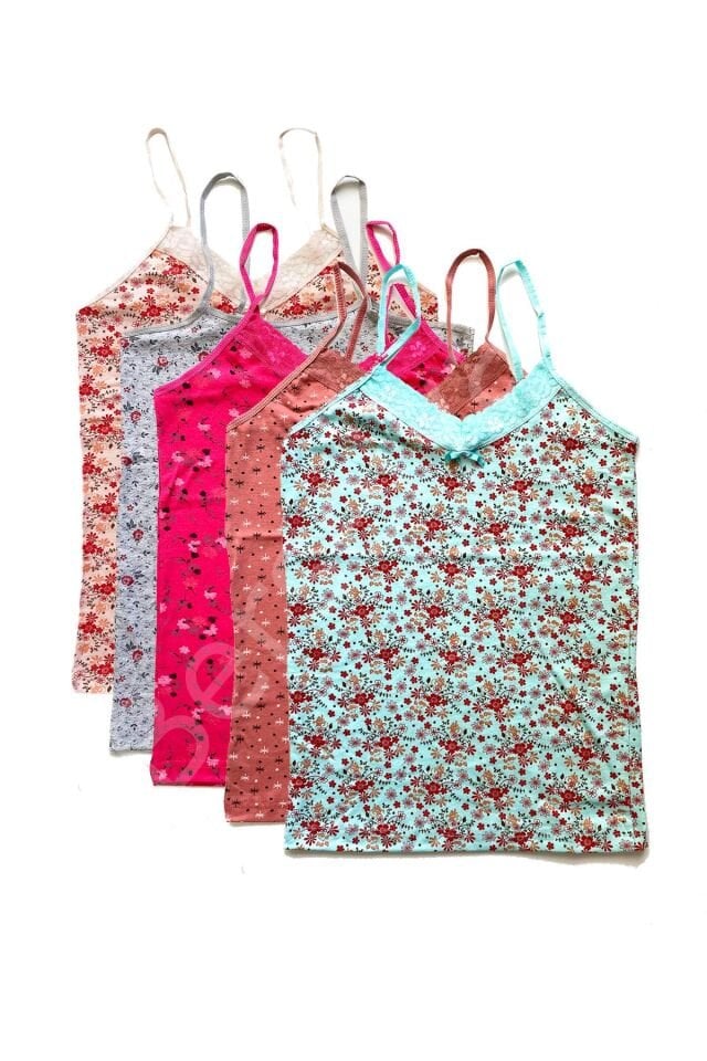 5 Adet Kadın Askılı Desenli Atlet Dantelli Empirme Pamuklu Penye D1-5