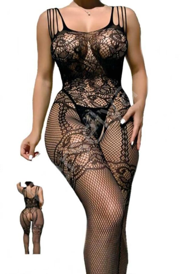 Night Light Kadın Siyah Fileli Dantel Detaylı Vücut Çorabı 5006