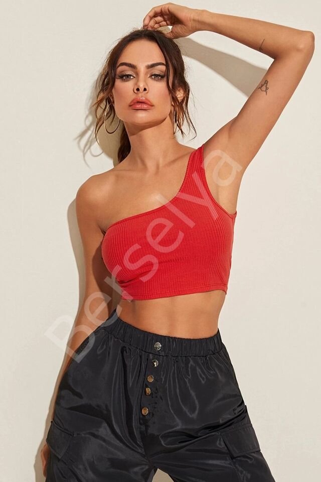 Kadın Kırmızı Tek Omuz Crop Büstiyer