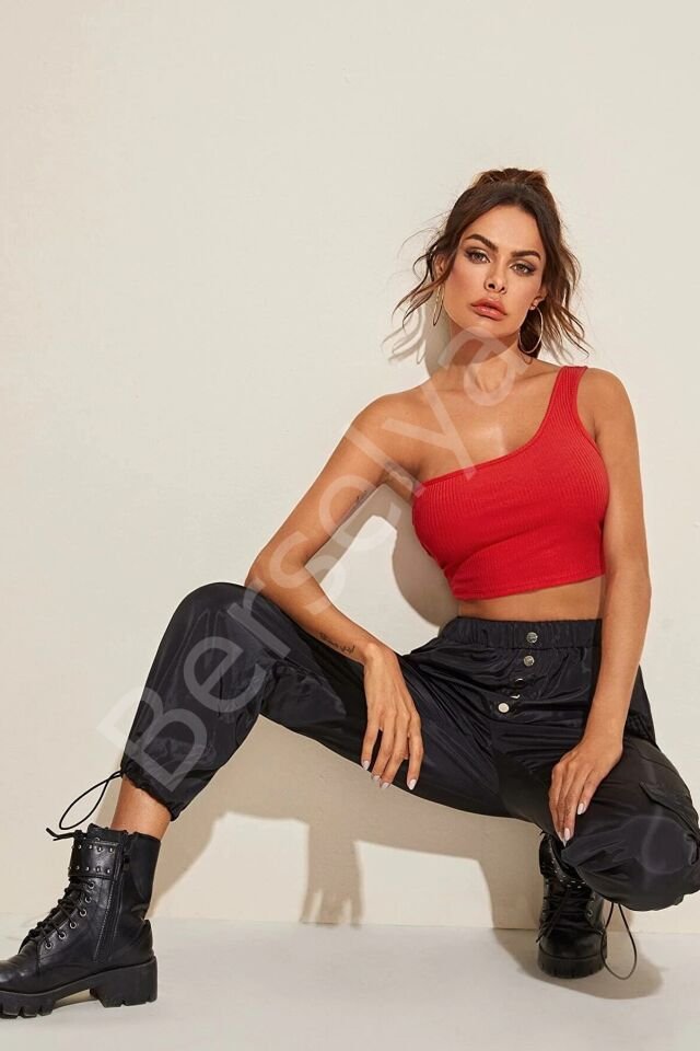 Kadın Kırmızı Tek Omuz Crop Büstiyer