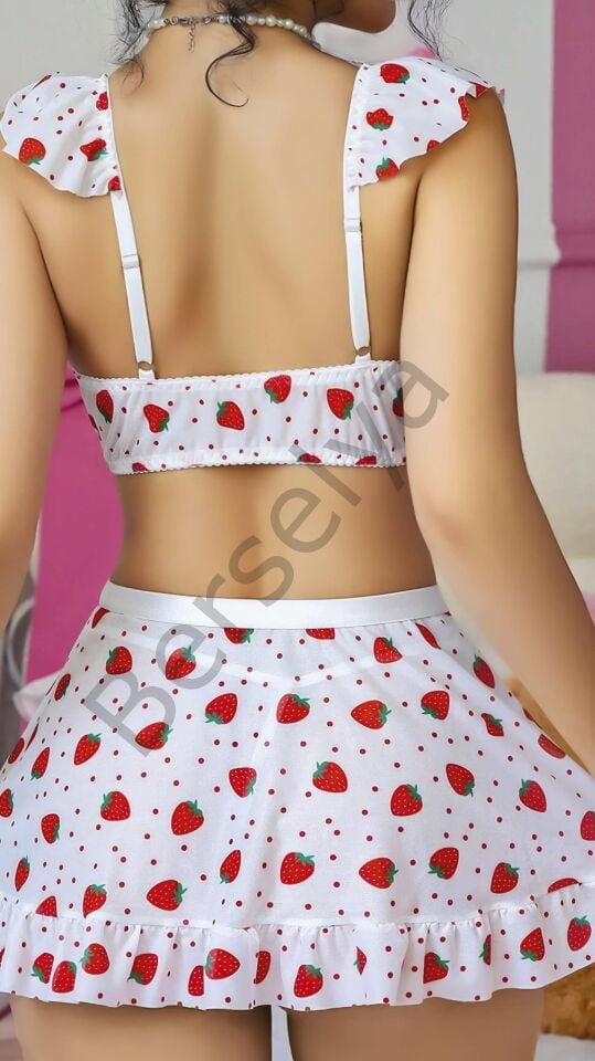 Beyaz Çilek Desenli Etekli Fantezi Sütyen Takım