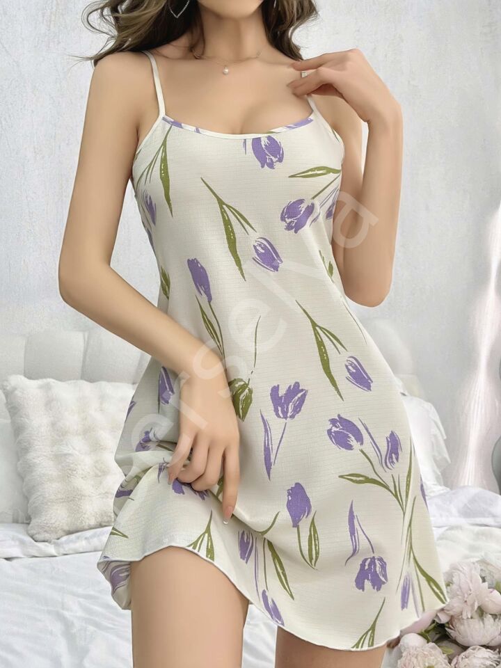 Kadın Beyaz Çiçekli Desenli Askılı Gecelik 5109