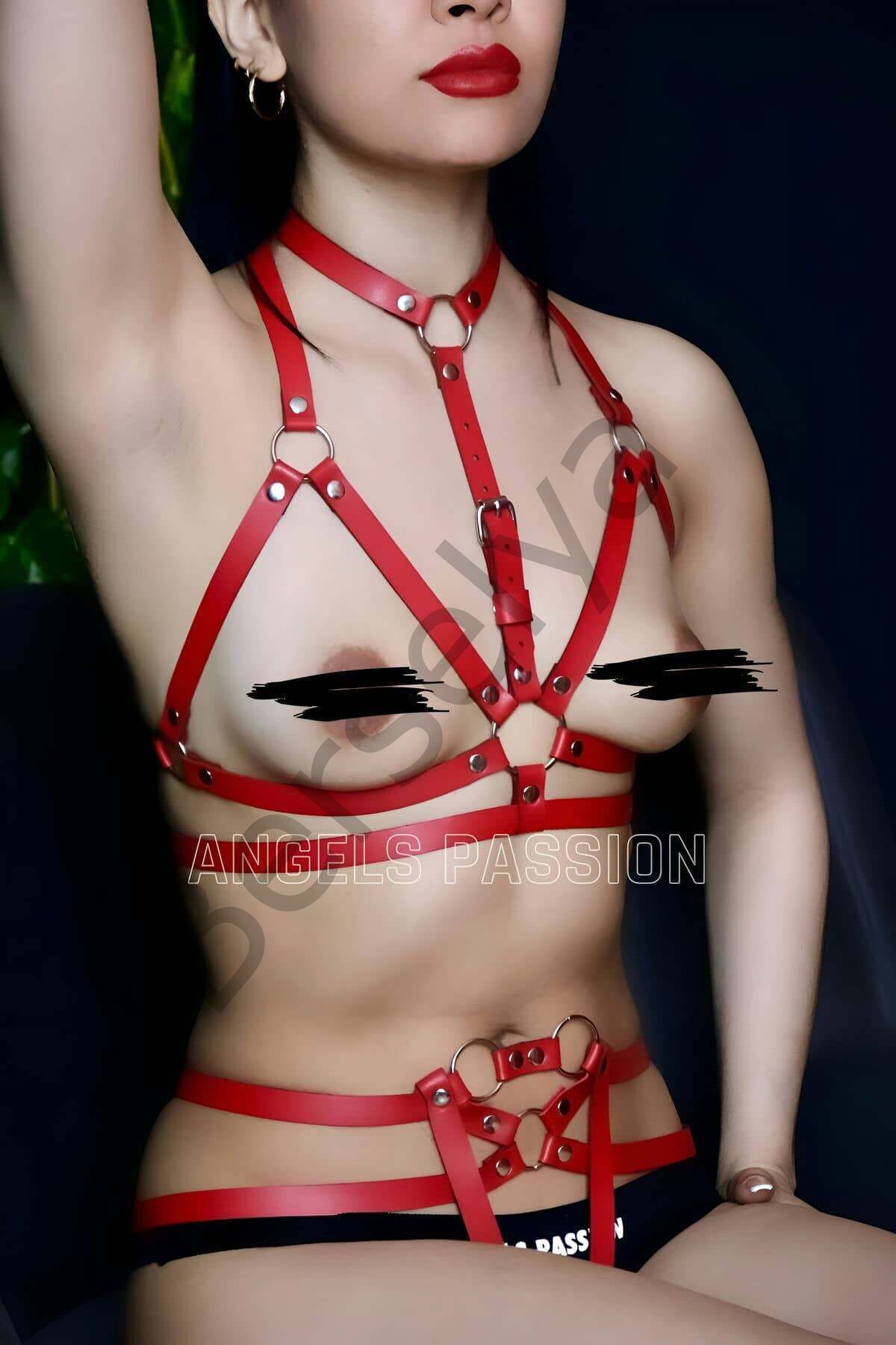 Ağ Kısmı Açık Fantezi Deri Külot Ve Göğüs Harness Set - Brf859