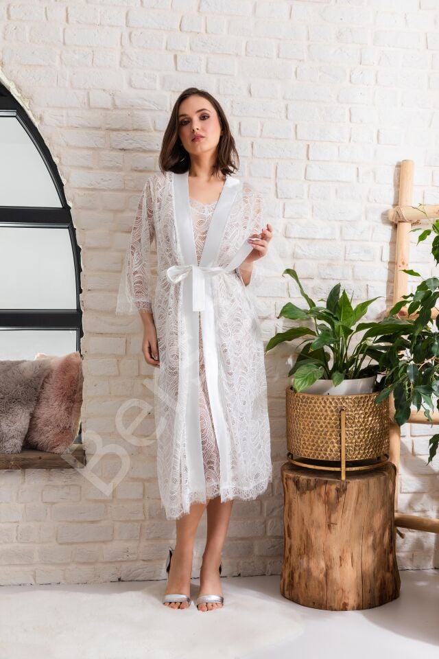 Gelin Set Transparan Midi Boy Kuşaklı Sabahlık Ekru (mgp12176)