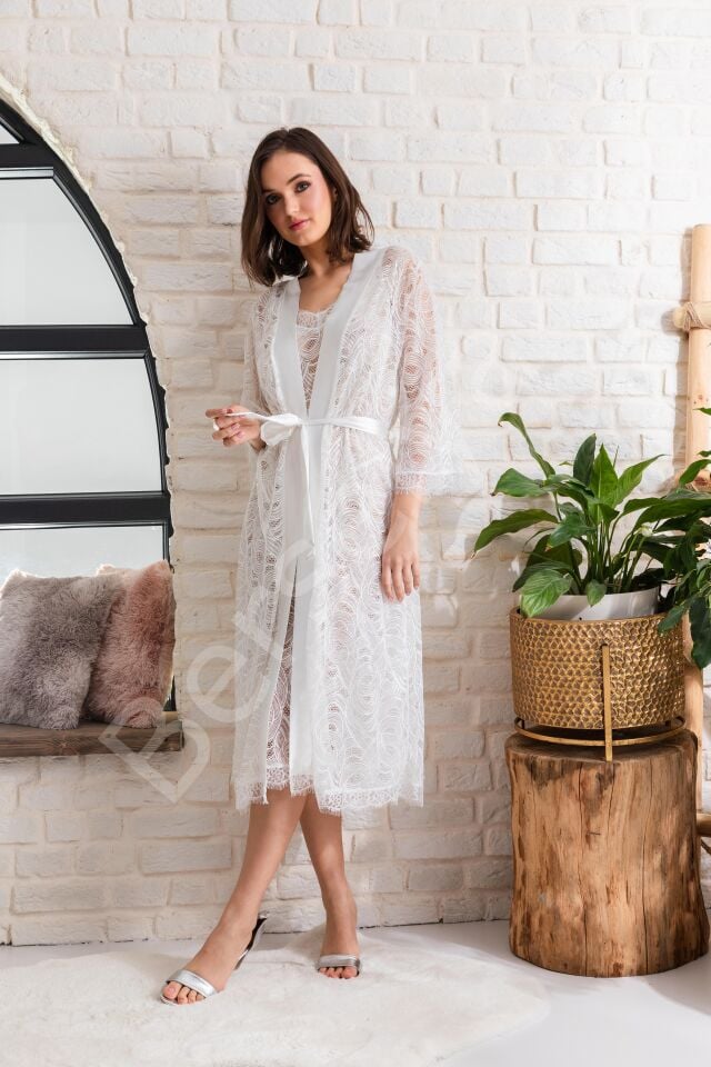 Gelin Set Transparan Midi Boy Kuşaklı Sabahlık Ekru (mgp12176)