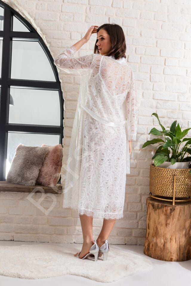 Gelin Set Transparan Midi Boy Kuşaklı Sabahlık Ekru (mgp12176)