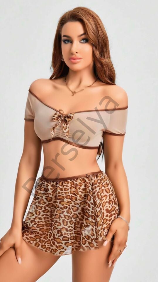 Kalın Askılı Sütyen Leopar Desen Etekli Fantezi Gecelik