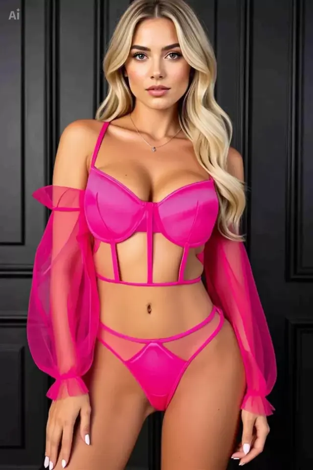 Pembe Kolları Tül Detaylı Jartiyer Takım Kadın İç Giyim