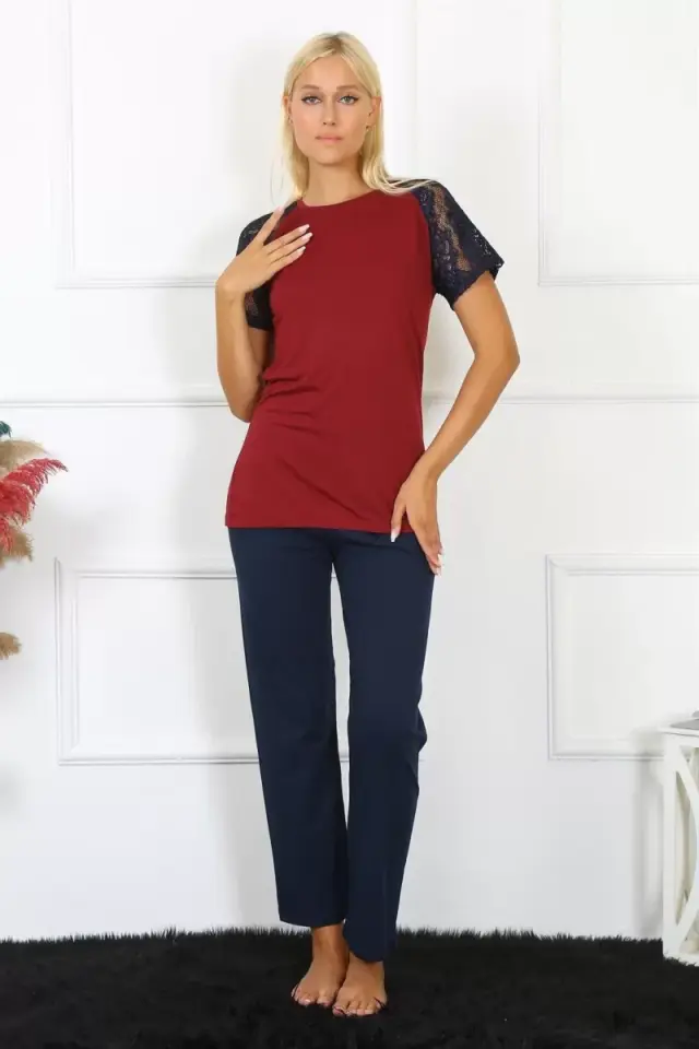 Kadın Kolu Dantelli Penye Pijama Takım Bordo