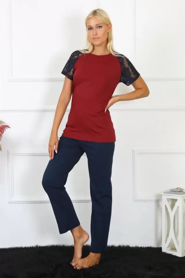 Kadın Kolu Dantelli Penye Pijama Takım Bordo