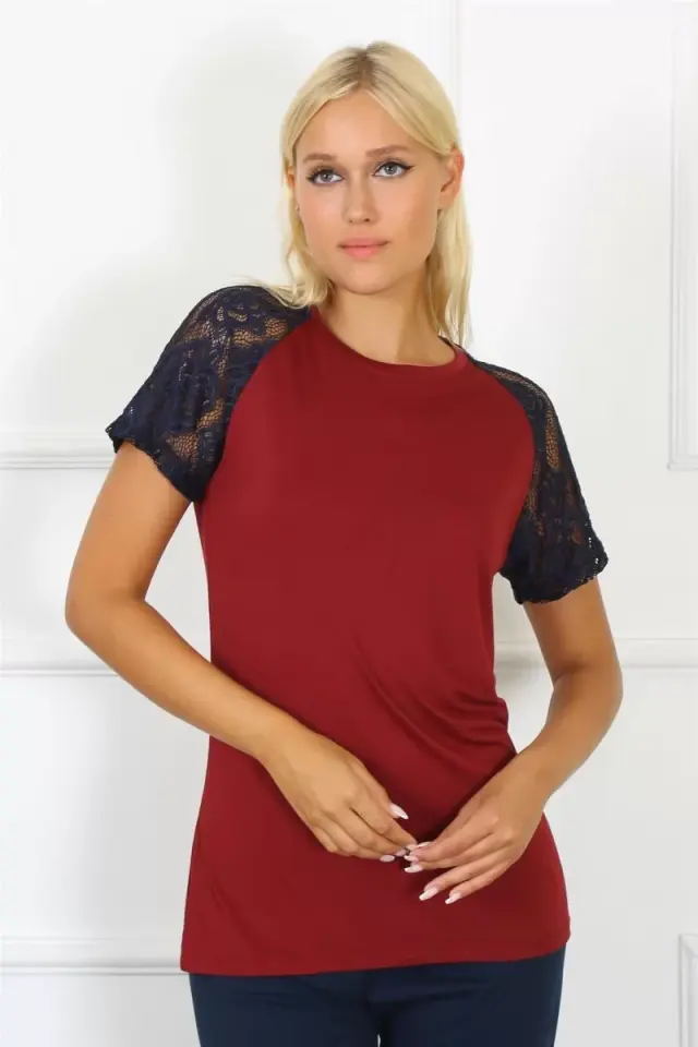 Kadın Kolu Dantelli Penye Pijama Takım Bordo