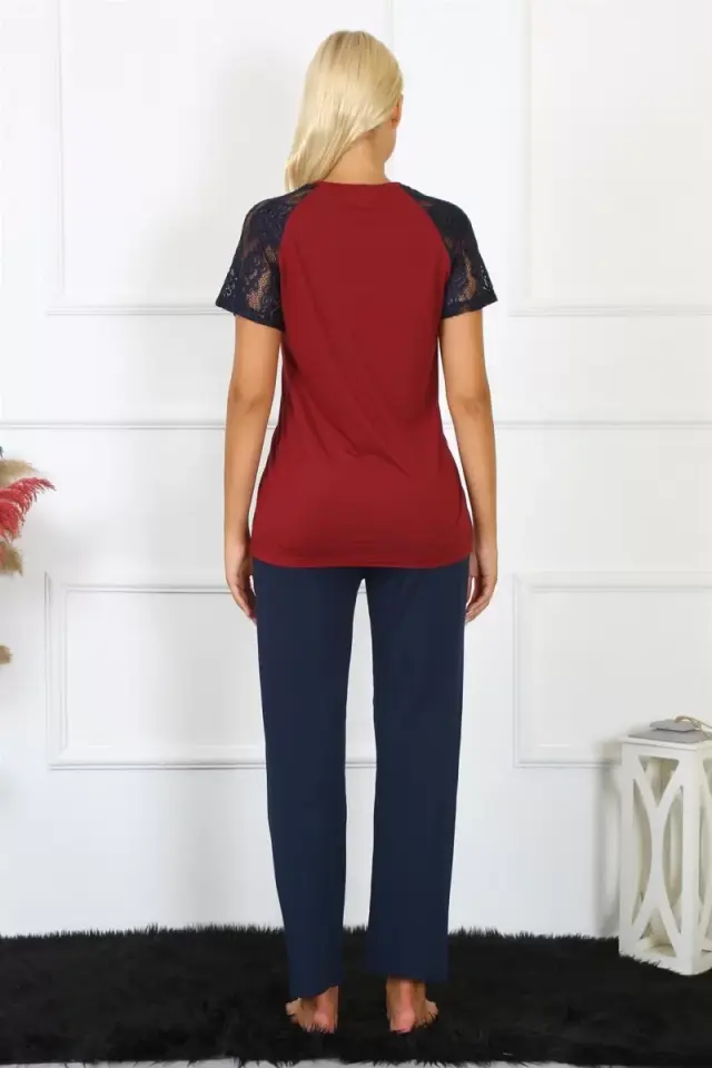 Kadın Kolu Dantelli Penye Pijama Takım Bordo