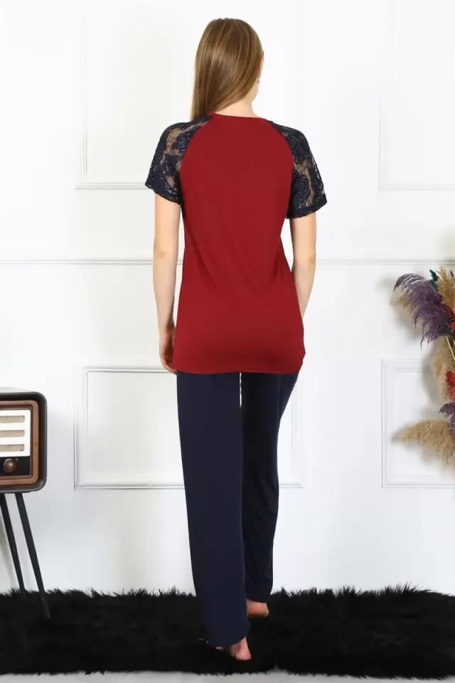 Kadın Kolu Dantelli Penye Pijama Takım Bordo
