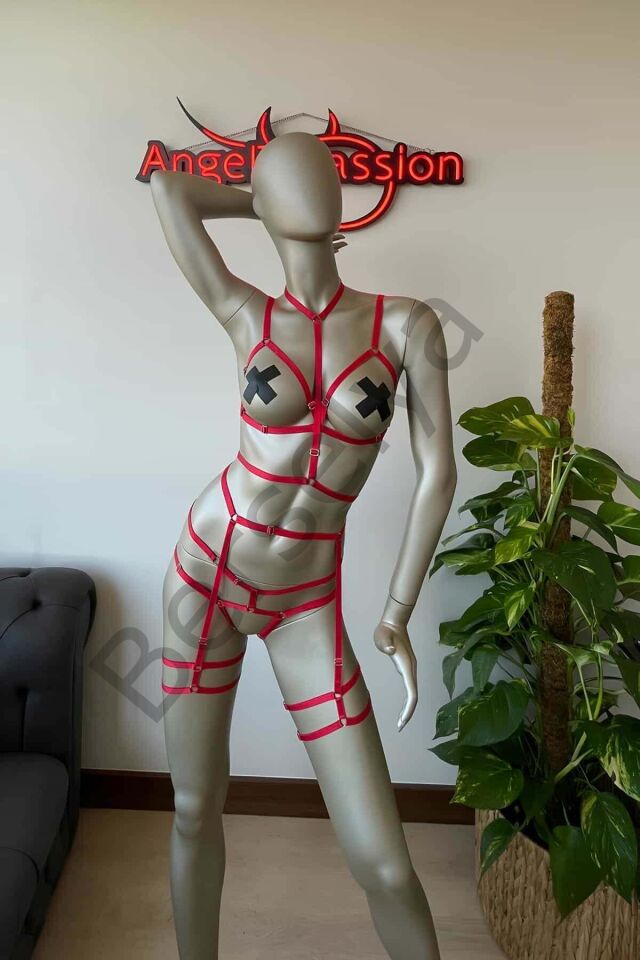 Kırmızı Lastik Seksi Body Harness Takım