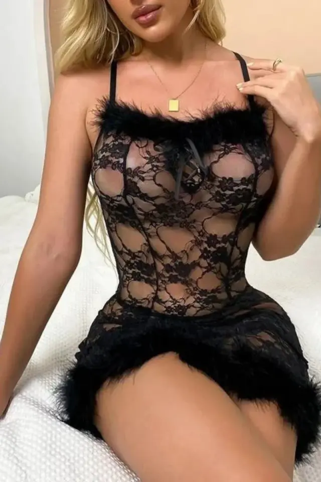 Siyah Peluş Detaylı Askılı Tül Gecelik 66606