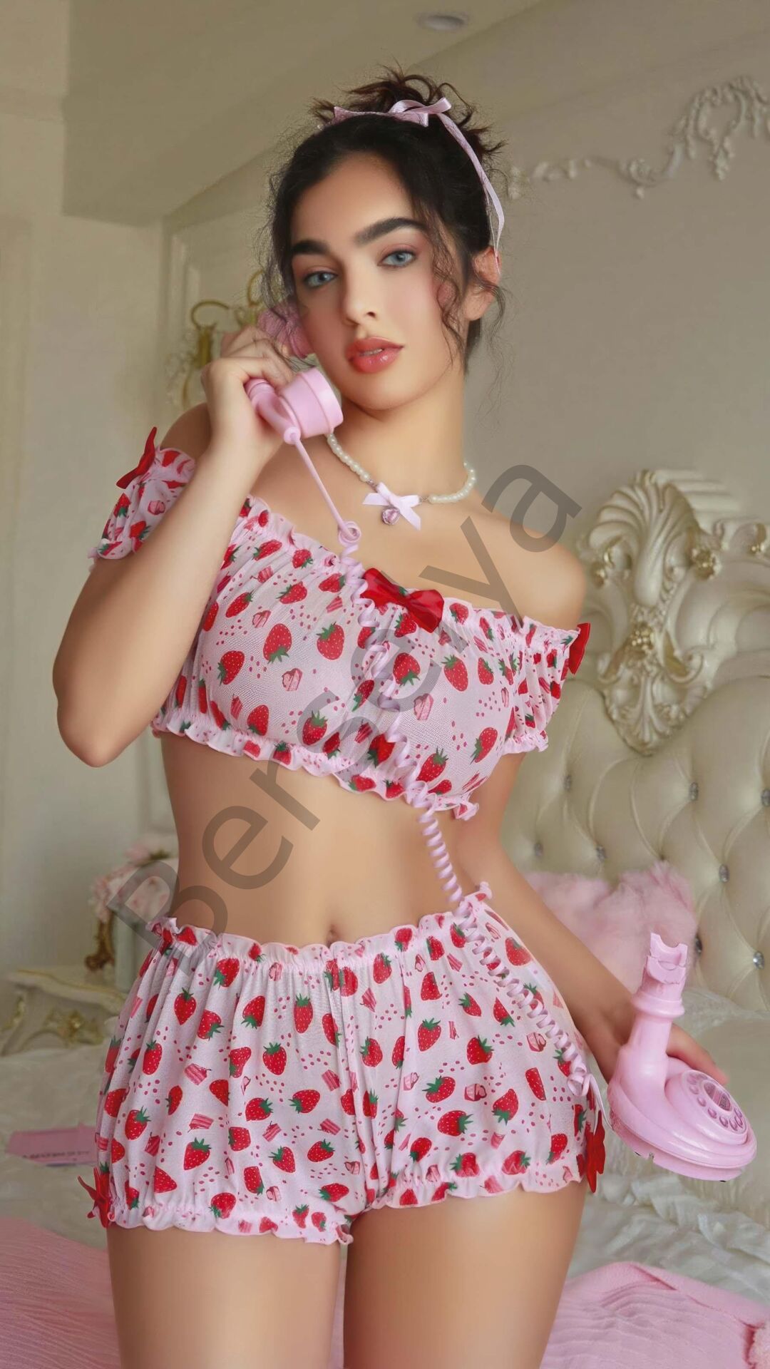 Pembe Çilek Desenli Şortlu Fantezi Sütyen Takımı