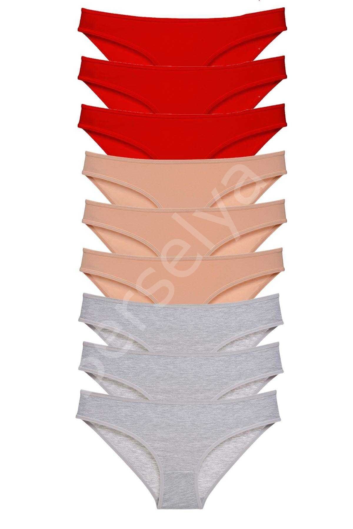 9 Adet Süper Eko Set Likralı Kadın Slip Külot Kırmızı Ten Gri