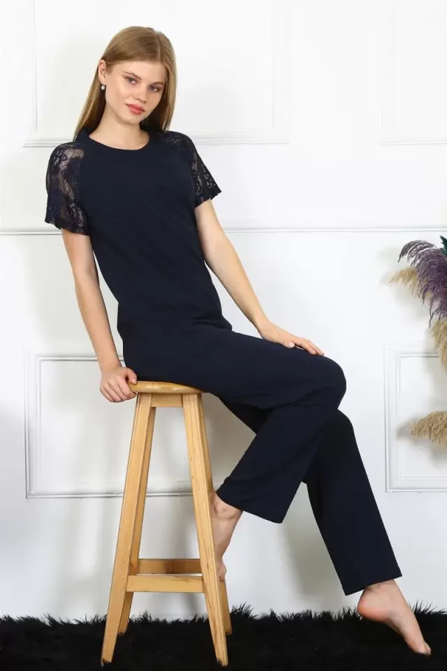 Kadın Kolu Dantelli Penye Pijama Takım Lacivert