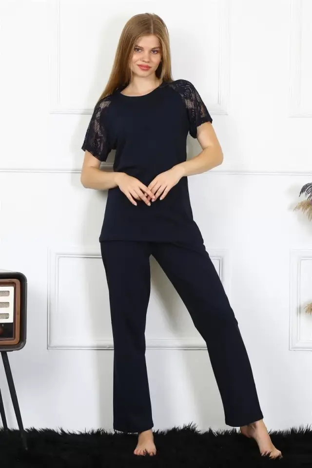 Kadın Kolu Dantelli Penye Pijama Takım Lacivert