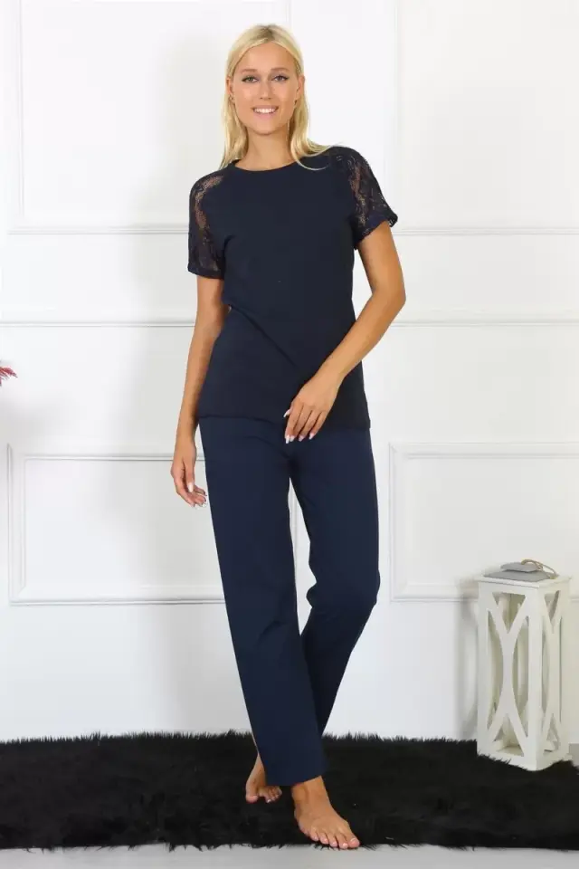 Kadın Kolu Dantelli Penye Pijama Takım Lacivert