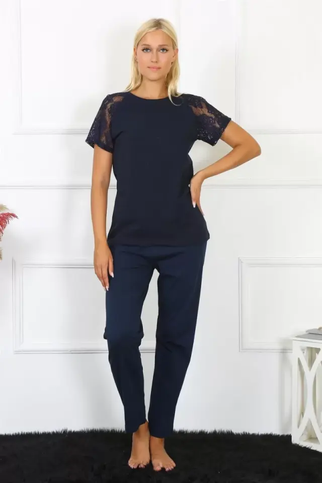 Kadın Kolu Dantelli Penye Pijama Takım Lacivert