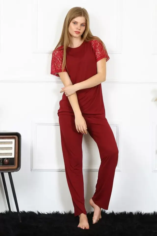 Kadın Kolu Dantelli Penye Pijama Takım Bordo