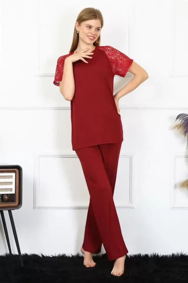 Kadın Kolu Dantelli Penye Pijama Takım Bordo