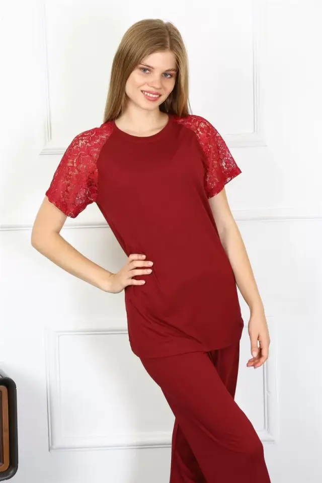 Kadın Kolu Dantelli Penye Pijama Takım Bordo
