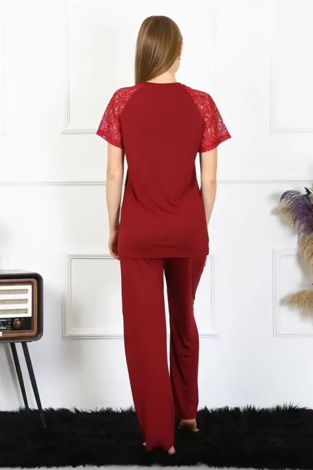 Kadın Kolu Dantelli Penye Pijama Takım Bordo