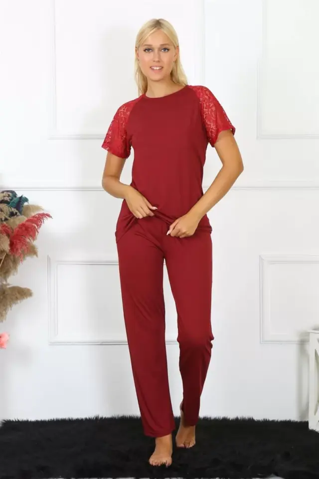 Kadın Kolu Dantelli Penye Pijama Takım Bordo