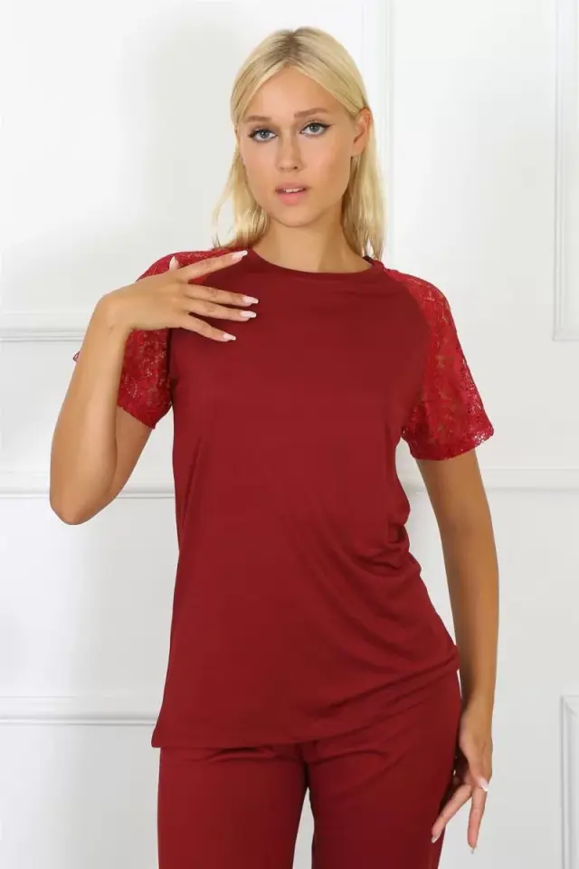 Kadın Kolu Dantelli Penye Pijama Takım Bordo