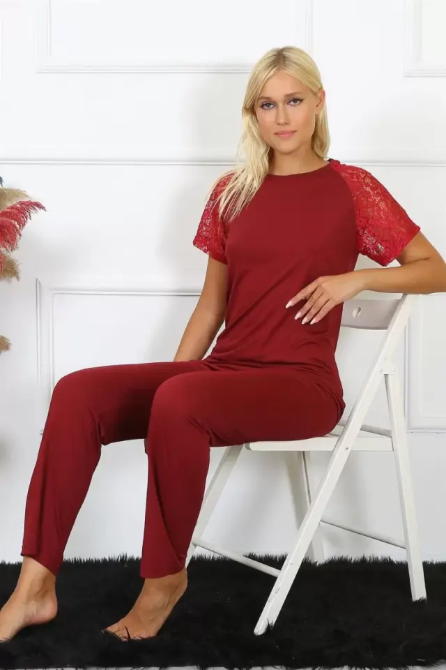 Kadın Kolu Dantelli Penye Pijama Takım Bordo