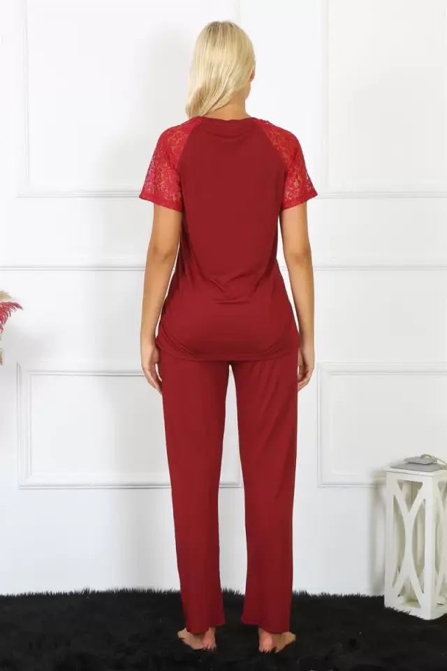 Kadın Kolu Dantelli Penye Pijama Takım Bordo