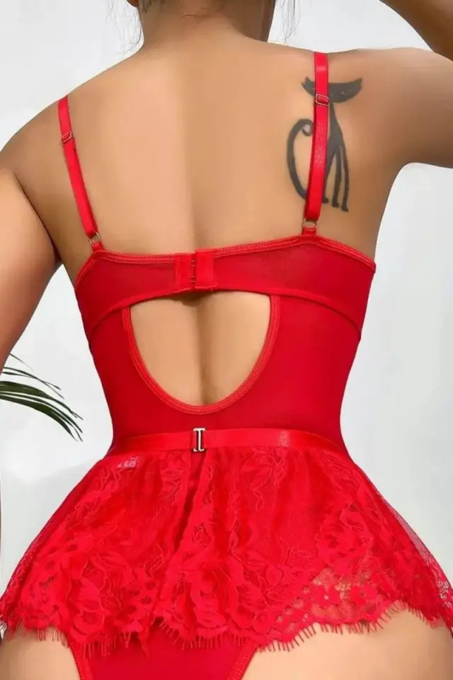 Kırmızı Dantelli Etekli Babydoll Takım 66668