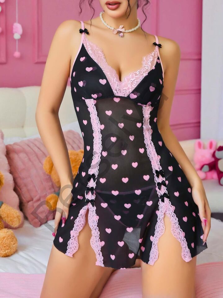 Siyah Kalp Desenli Dantel İşlemeli Fantezi Gecelik